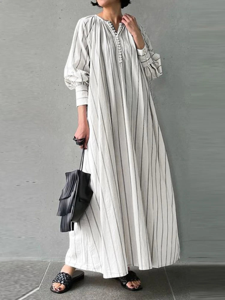 Women's 2024 Cotton Linen Stripe Round Neck Long Sleeve Simple Loose Long Pullover Dress Vintage Elegant Women's Dress Robe