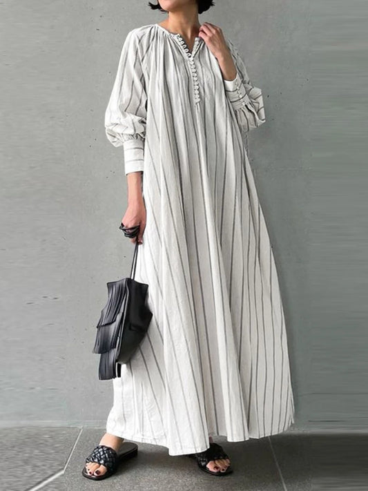 Women's 2024 Cotton Linen Stripe Round Neck Long Sleeve Simple Loose Long Pullover Dress Vintage Elegant Women's Dress Robe