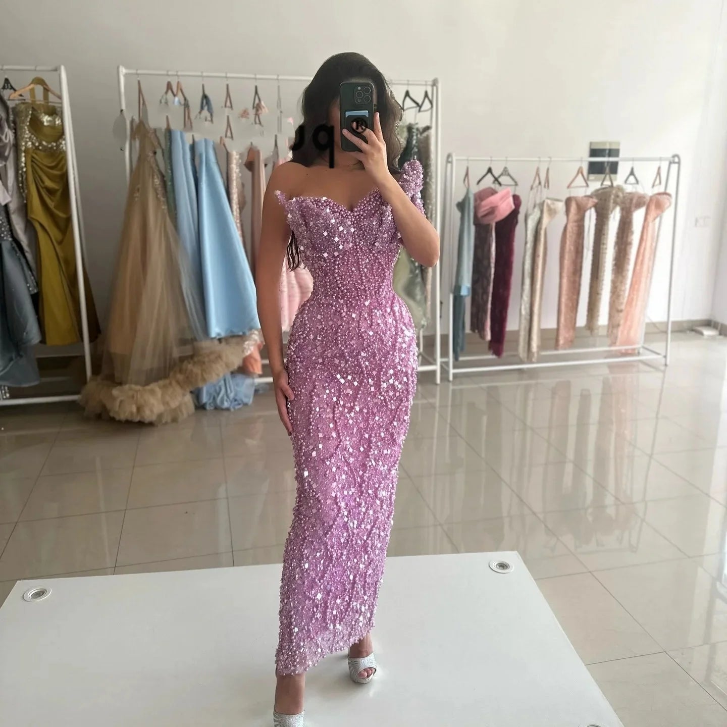 Sweetheart Neck One Shoulder Gown Beaded Sequins Floor Length Dress Party Customized