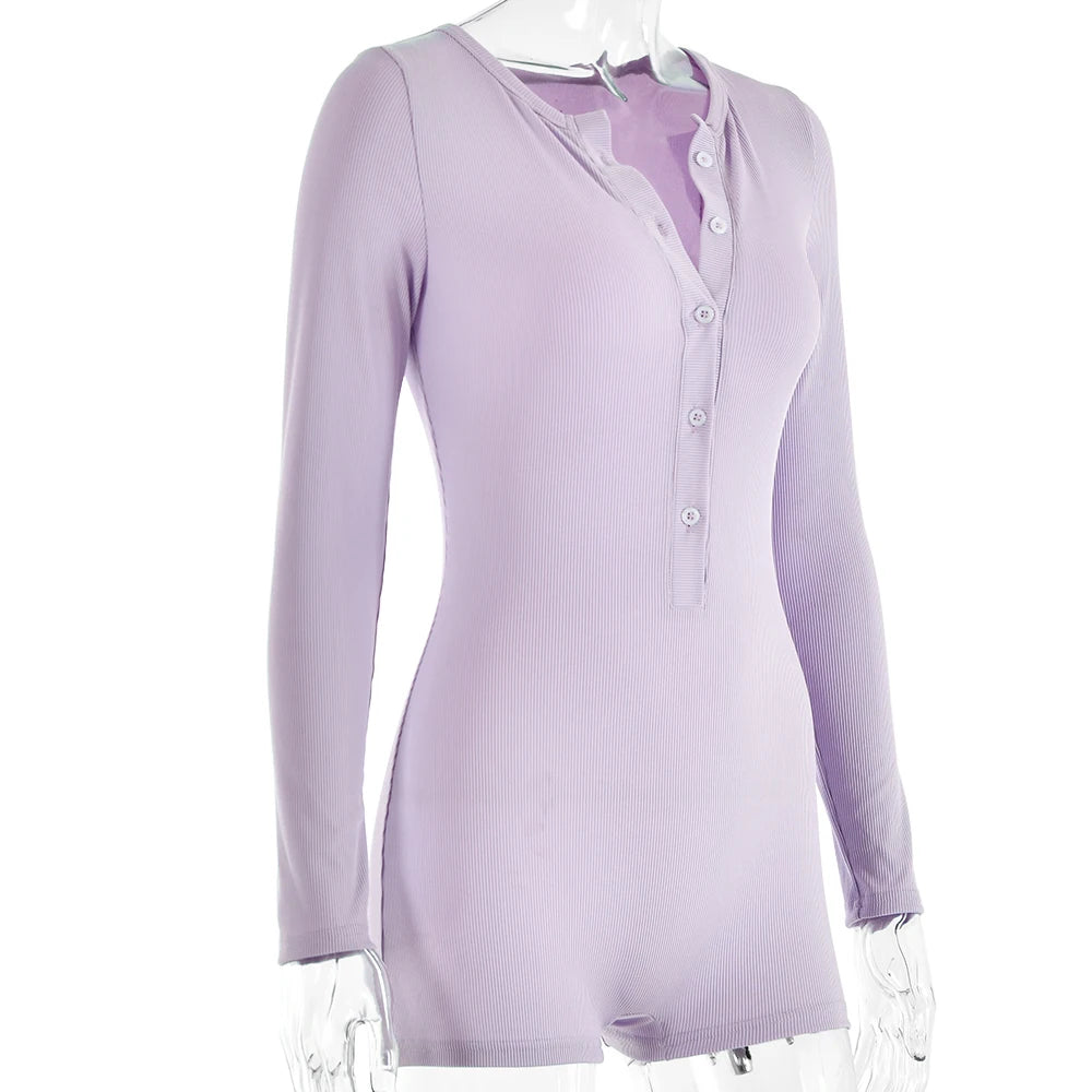 Sibybo Basics Ribbed Playsuit Casual Long Sleeves Button Top Fashion Solid Color High Waist Skinny Playsuit Autumn Women Clothes - Lena & Miles Exquisite Boutique LLC.
