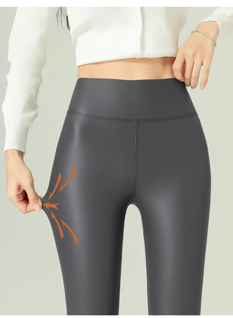 BIVIGAOS 2025 Fall Winter Baby PU Leather Leggings High Waist Elastic Slim Tight Sexy Leather Pants Thin Fleece Warm leggings