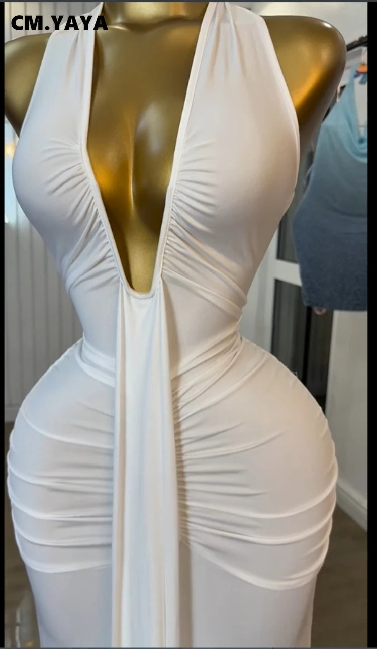 CM.YAYA Women Halter V-neck Stacked Backless Bodycon Midi Maxi Long Dress