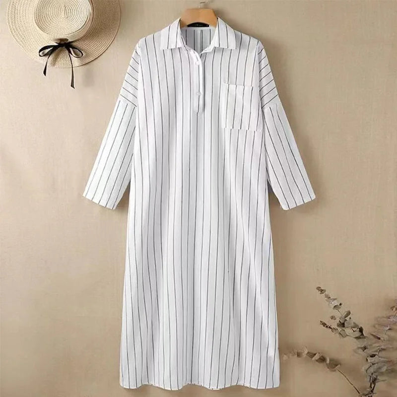 Summer New Women's Robe Fashion Stripe Single Breasted Shirt Loose Casual Style Elegant Women's Cotton and Hemp Long Dress