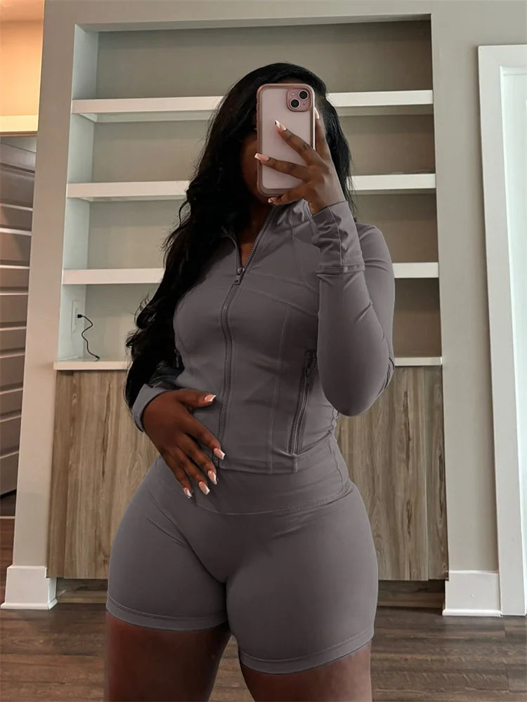 Bodycon Zipper Crop Top Women Tracksuits Sets+Trousers Women Black Gray 2 Two Pieces Matching Leggings Shorts Suits