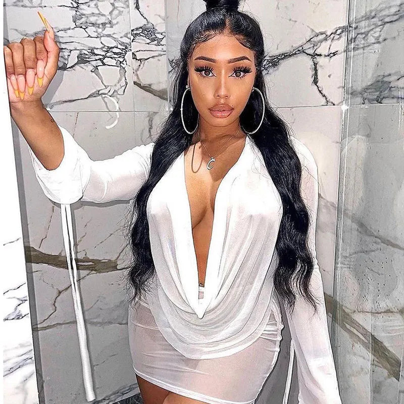 Sexy Mesh Deep V Elastic Dress Halter Elegant Chic Vintage Mini