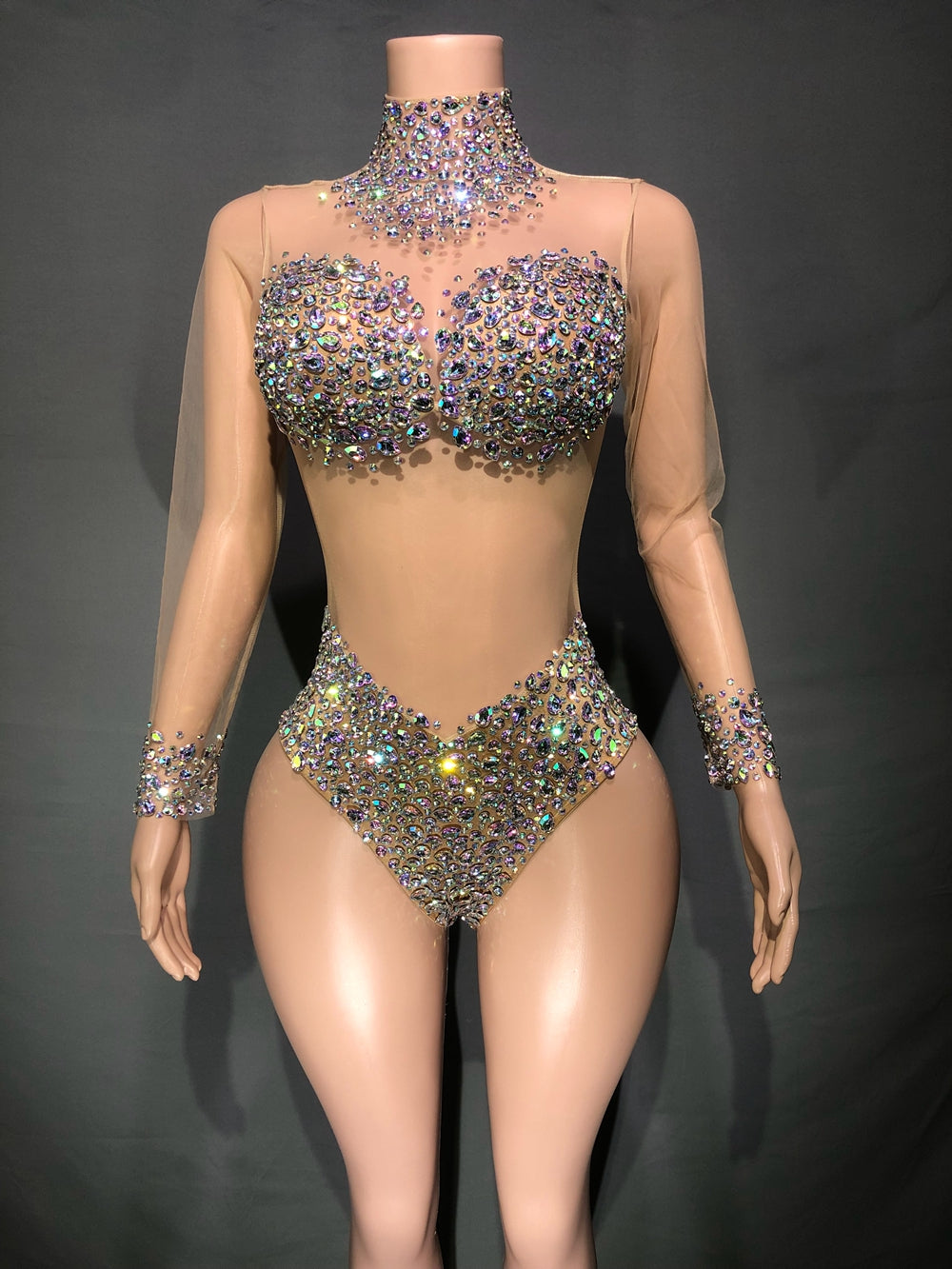 Sparkly AB Rhinestones Bodysuit Sexy Mesh See Through Dance Costume Performance Leotard Women Nightclub Outfit Dancer Stage Wear