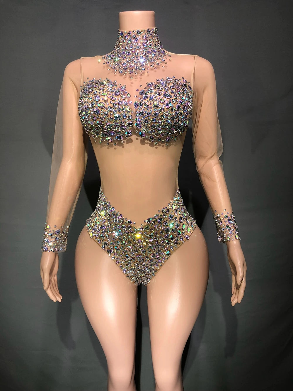 Sparkly AB Rhinestones Bodysuit Sexy Mesh See Through Dance Costume Performance Leotard Women Nightclub Outfit Dancer Stage Wear