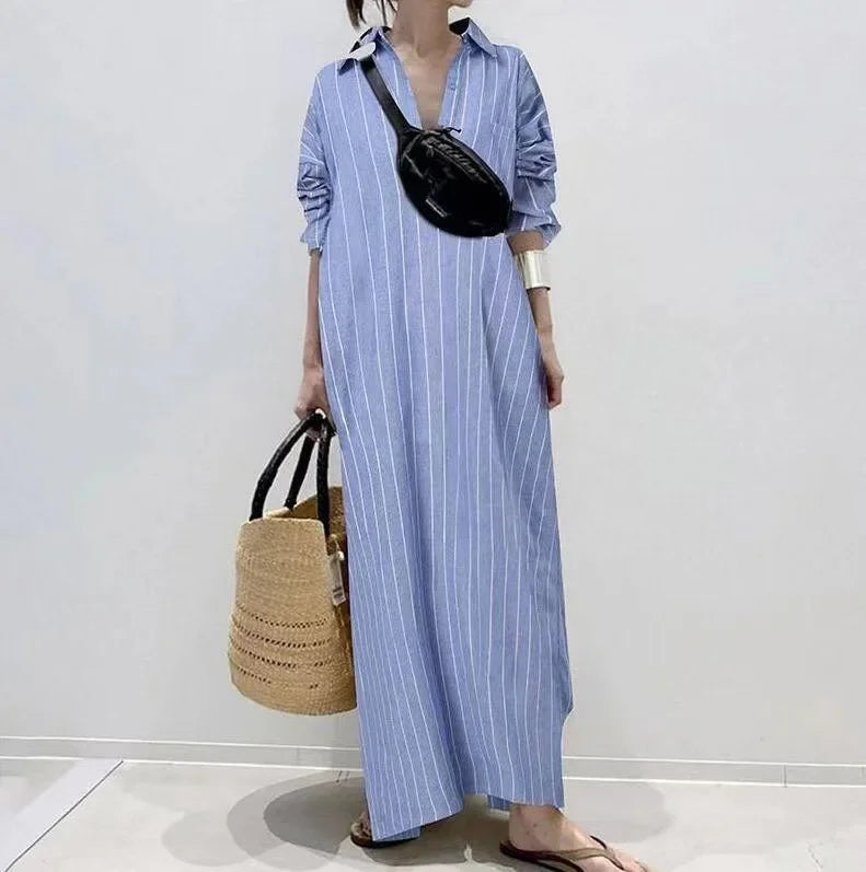 Summer New Women's Robe Fashion Stripe Single Breasted Shirt Loose Casual Style Elegant Women's Cotton and Hemp Long Dress