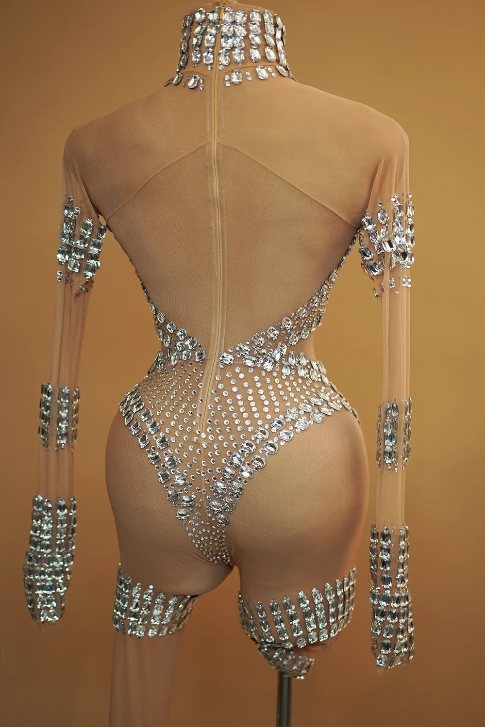 Sparkly Silver Diamonds Jumpsuit Women Sexy Mesh See Through Stretchy Party Birthday Outfit Performance Dance Costume Stage Wear