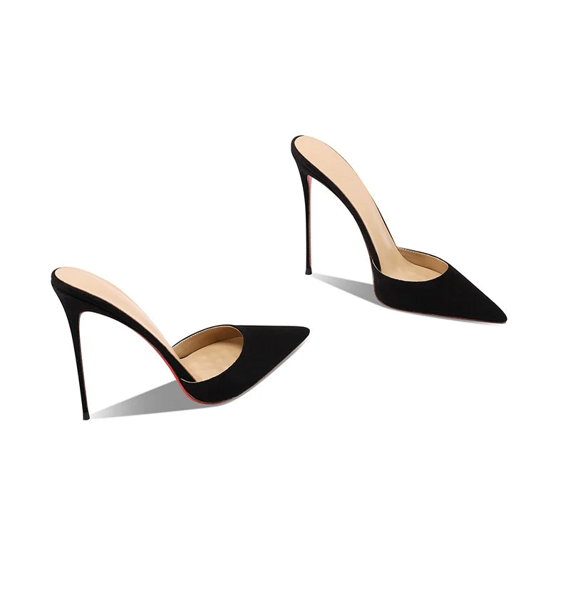 Black suede high-heeled slippers