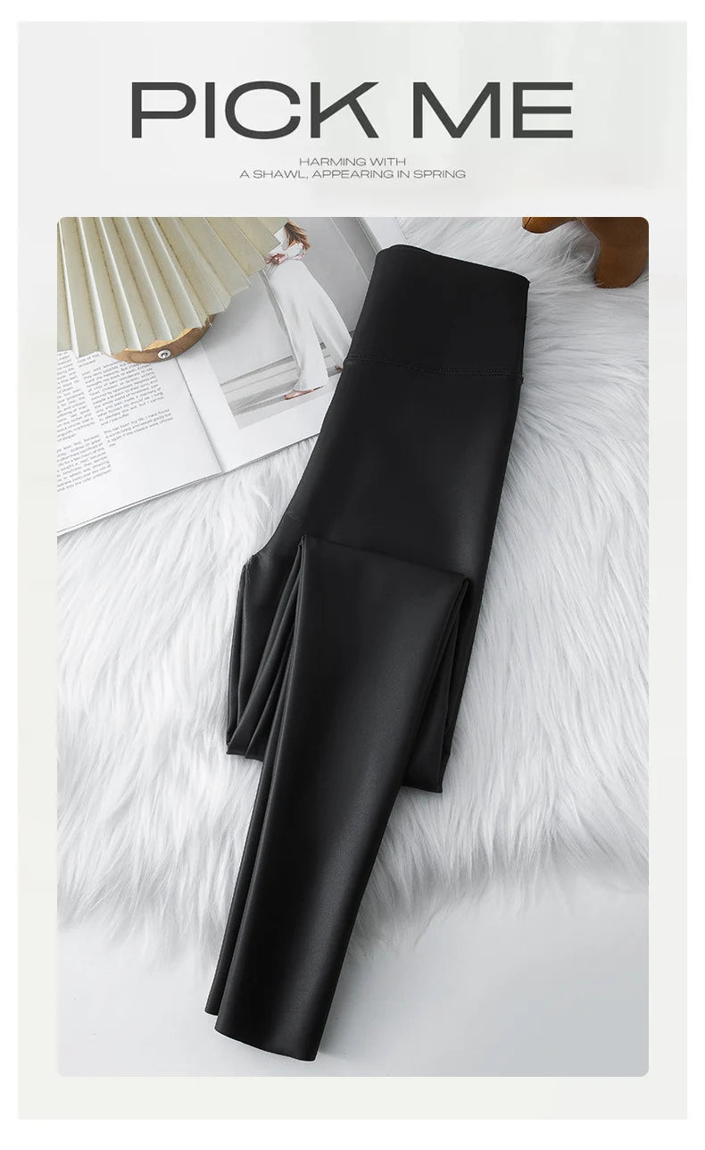 BIVIGAOS 2025 Fall Winter Baby PU Leather Leggings High Waist Elastic Slim Tight Sexy Leather Pants Thin Fleece Warm leggings