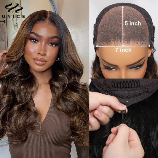 UNICE Hair Upgrade Drawstring Balayage Body Wave Wig 7x5 Pre Cut Pre Bleached Lace Front Human Hair Glueless Wig 150% Density
