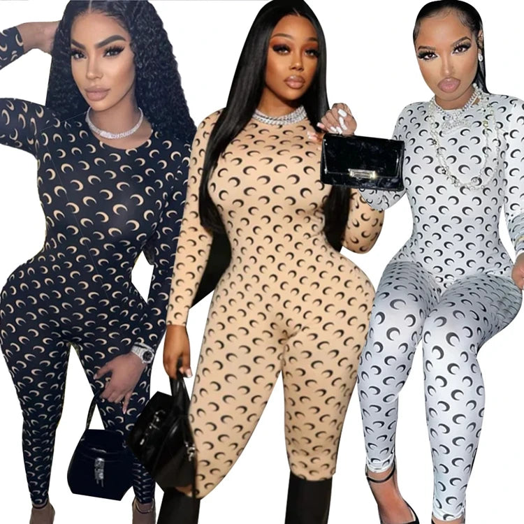 Retro Jumpsuit Women Sexy Slim Fit Moon Print Long Sleeve Tight Leggings Round Neck Versatile Casual Wear Autumn Fashion