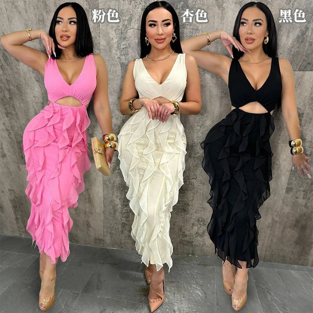 Summer New Sexy Hollow Out Bodycon Long Dress Women Deep V-neck Tassel