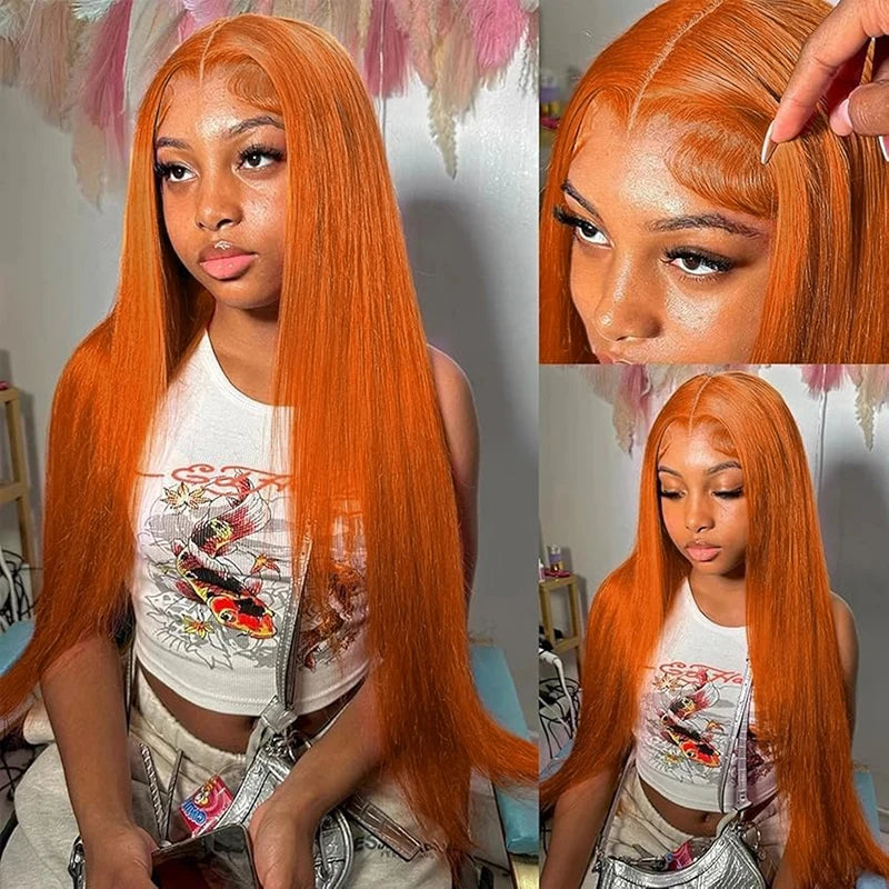 13x6 Orange Ginger Bone Straight Lace Front Wigs Human Hair 38 Inch Transparent 13x4 Lace Frontal Wig Pre Plucked For Women