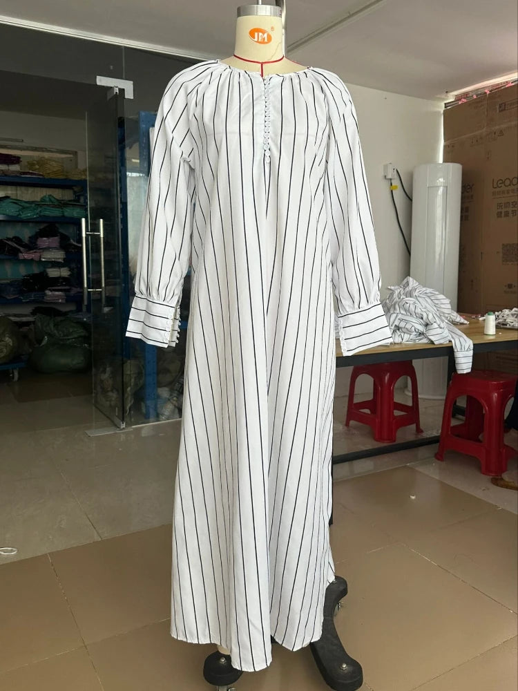Women's 2024 Cotton Linen Stripe Round Neck Long Sleeve Simple Loose Long Pullover Dress Vintage Elegant Women's Dress Robe