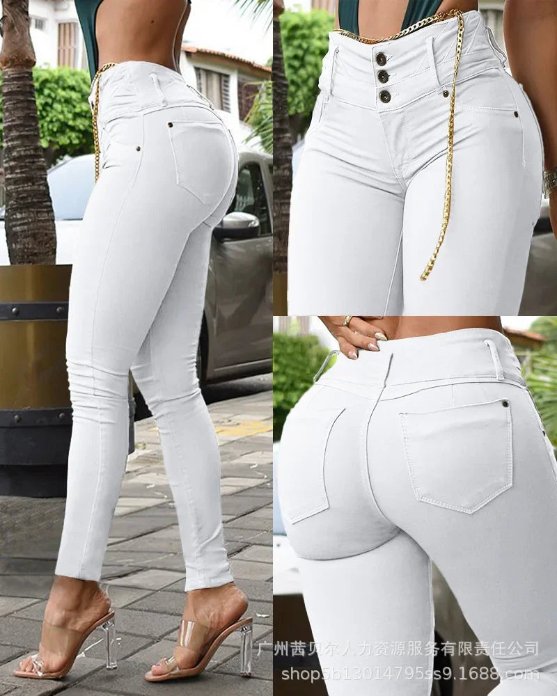 Pencil Pants Zipper Fly Slim Fit Flat Streetwear High Waist Pockets Sexy Sheath