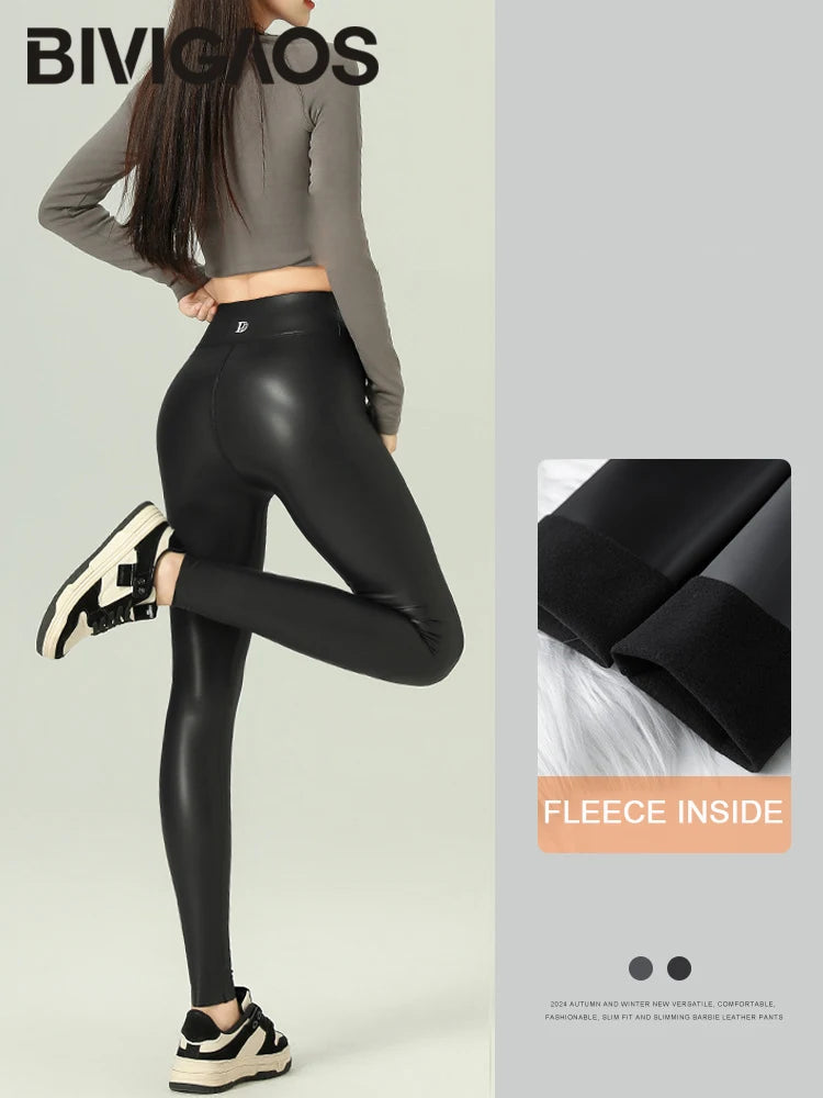 BIVIGAOS 2025 Fall Winter Baby PU Leather Leggings High Waist Elastic Slim Tight Sexy Leather Pants Thin Fleece Warm leggings