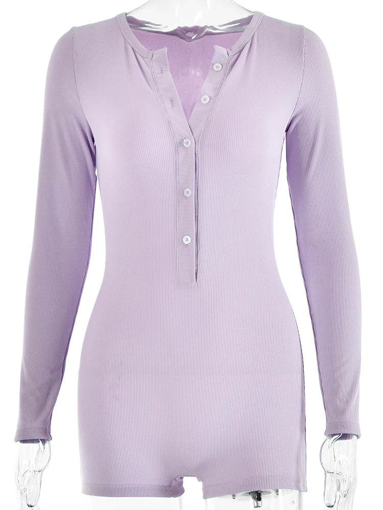 Sibybo Basics Ribbed Playsuit Casual Long Sleeves Button Top Fashion Solid Color High Waist Skinny Playsuit Autumn Women Clothes - Lena & Miles Exquisite Boutique LLC.