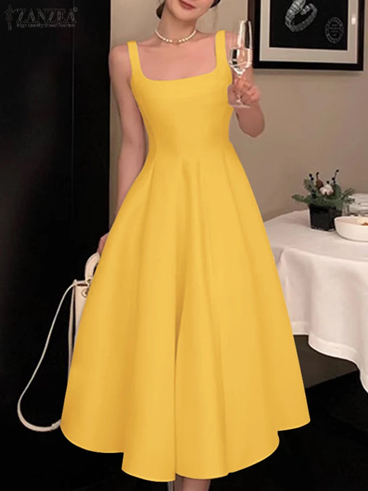 Summer Holiday Waisted Robe Casual Square Collar Midi Robe