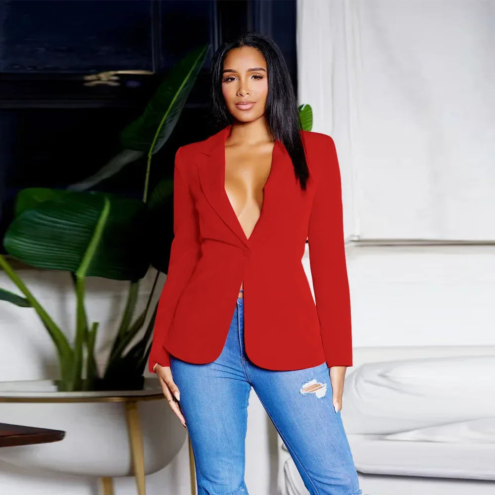 Women Suit Coat Single Button Lapel Deep V Neck Blazer Solid Color Formal Business