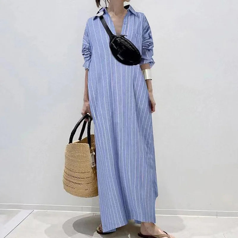 Summer New Women's Robe Fashion Stripe Single Breasted Shirt Loose Casual Style Elegant Women's Cotton and Hemp Long Dress