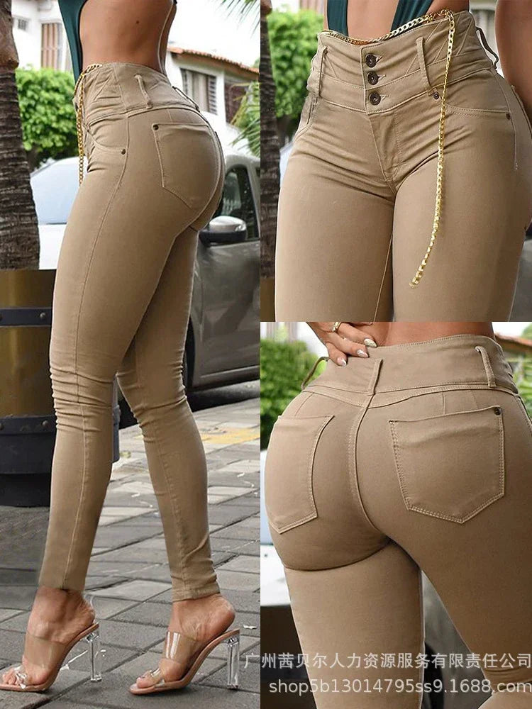 Pencil Pants Zipper Fly Slim Fit Flat Streetwear High Waist Pockets Sexy Sheath