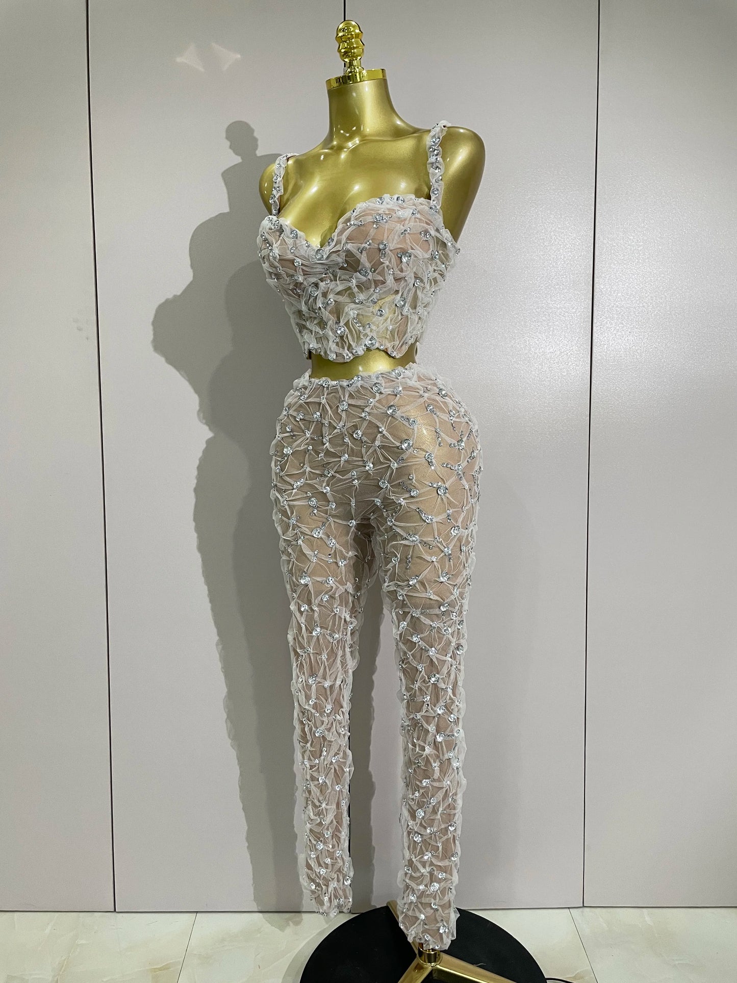 Sexy Sparkly Diamonds Splicing Lace Halter Top+Long Pants Two Piece Set Women Celebrate Birthday Dancer Nightclub Stage Costume