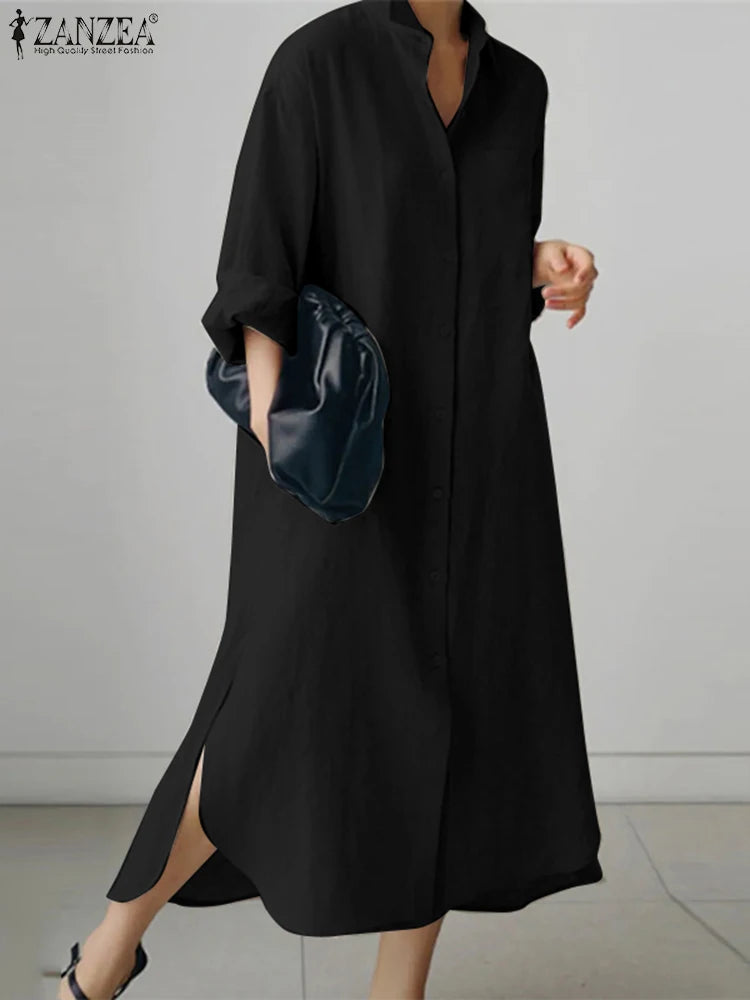 ZANZEA Women Dress Long Sleeve Solid Shirt Sundress Lapel Neck Buttons Vestidos