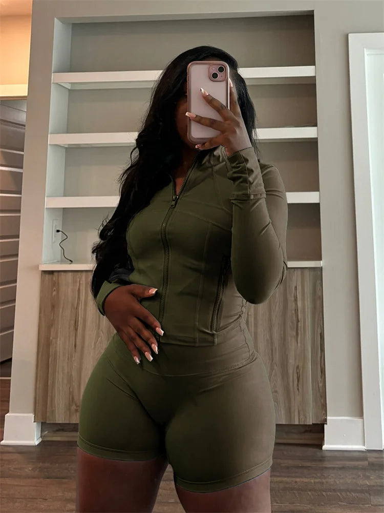 Bodycon Zipper Crop Top Women Tracksuits Sets+Trousers Women Black Gray 2 Two Pieces Matching Leggings Shorts Suits