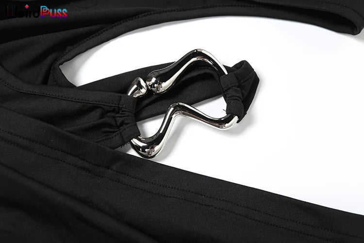 Metal Buckle Dress Hollow Split One Shoulder Skinny Ruched Waistless Midnight Clubwear Maxi Bodycon