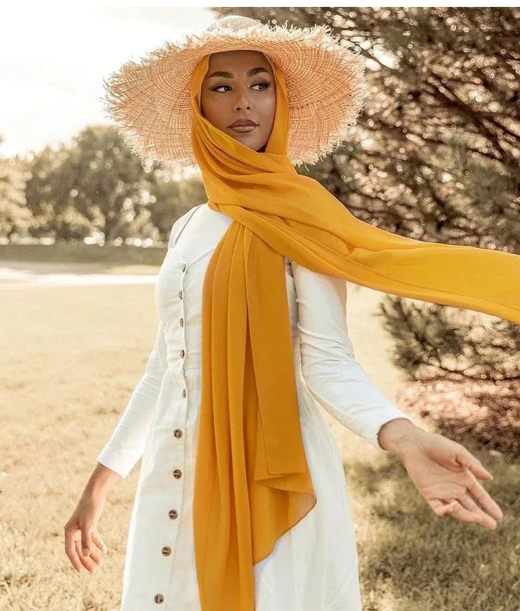 Fashion Pearl Chiffon Hijab Shawls of Muslim Women Solid Color Head Wraps Scarf