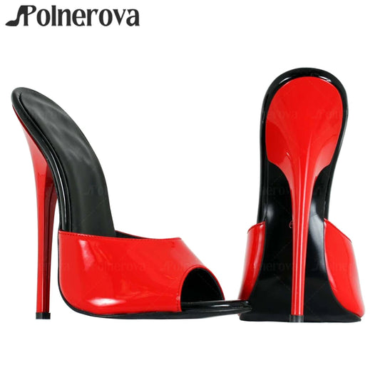 16cm Black Red Patent Leather Mules Sexy Slippers Lacquered Empire High Heel Summer Stilettos for Women
