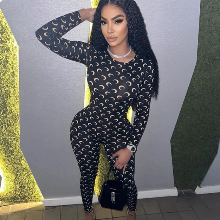 Retro Jumpsuit Women Sexy Slim Fit Moon Print Long Sleeve Tight Leggings Round Neck Versatile Casual Wear Autumn Fashion