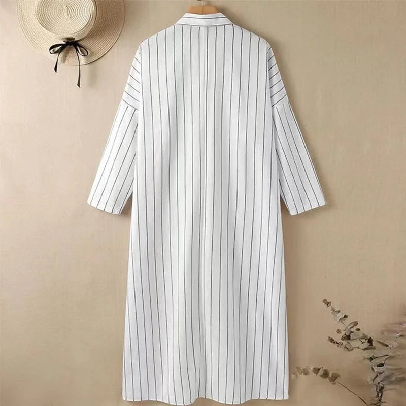 Summer New Women's Robe Fashion Stripe Single Breasted Shirt Loose Casual Style Elegant Women's Cotton and Hemp Long Dress