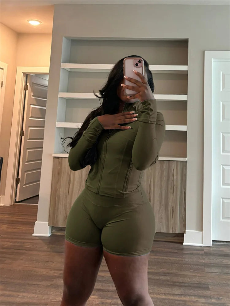 Bodycon Zipper Crop Top Women Tracksuits Sets+Trousers Women Black Gray 2 Two Pieces Matching Leggings Shorts Suits