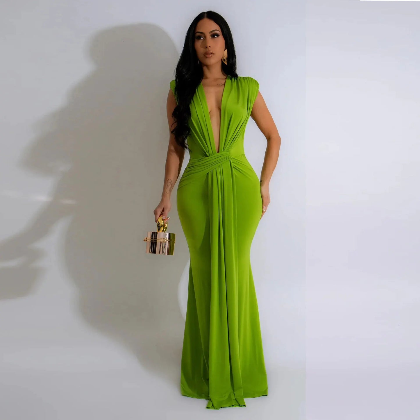 Dress Women Long Dresses Deep V Neck Sleeveless Solid Slim Fit Tight Waist Sexy Elegant