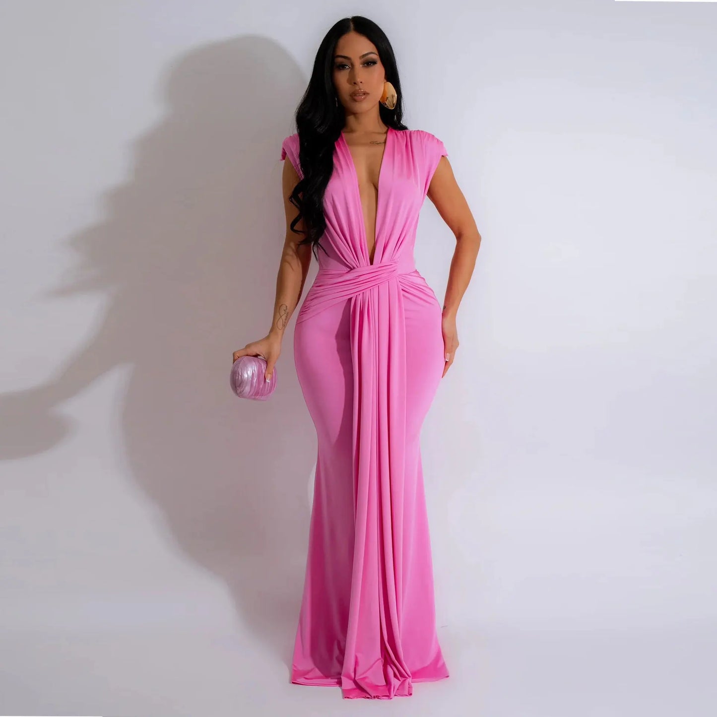 Dress Women Long Dresses Deep V Neck Sleeveless Solid Slim Fit Tight Waist Sexy Elegant
