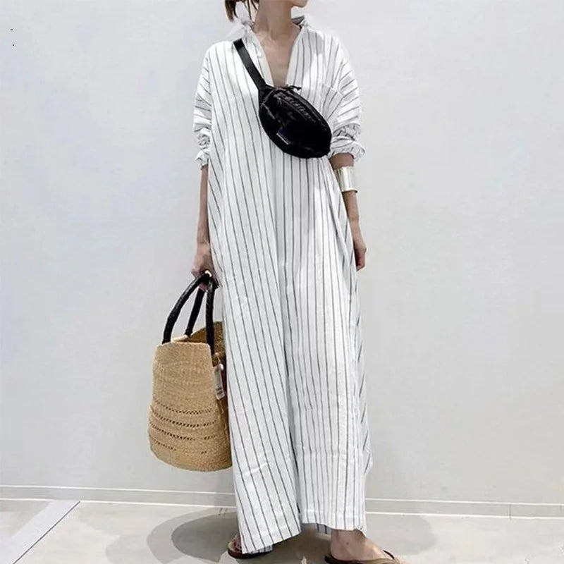 Summer New Women's Robe Fashion Stripe Single Breasted Shirt Loose Casual Style Elegant Women's Cotton and Hemp Long Dress