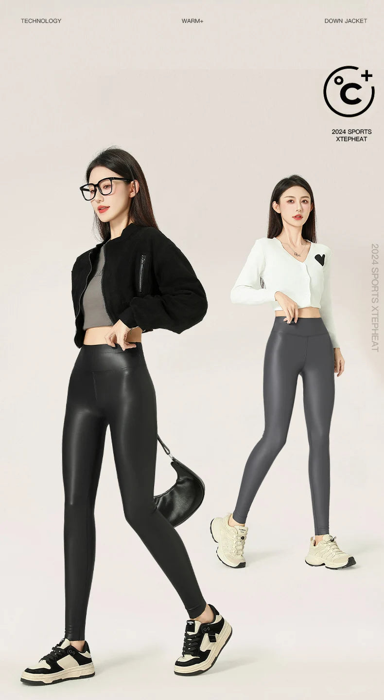 BIVIGAOS 2025 Fall Winter Baby PU Leather Leggings High Waist Elastic Slim Tight Sexy Leather Pants Thin Fleece Warm leggings