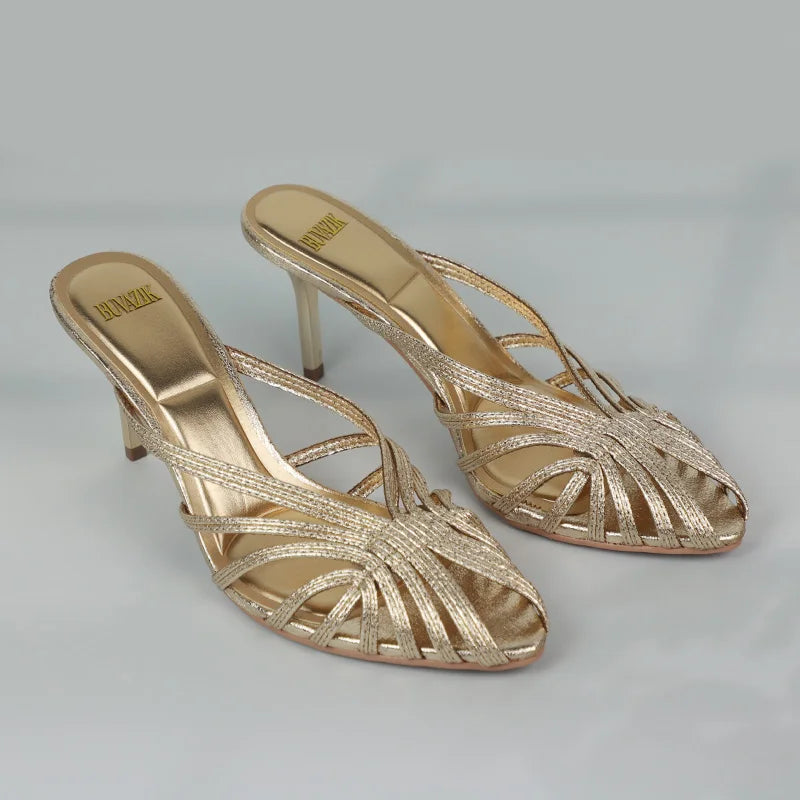 Gold Hollow Thin Strip Heels for Women Luxury Pointed Toe