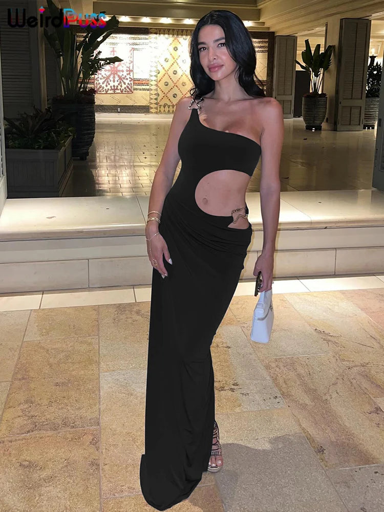 Metal Buckle Dress Hollow Split One Shoulder Skinny Ruched Waistless Midnight Clubwear Maxi Bodycon
