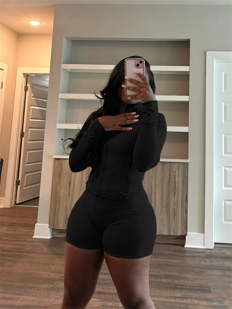 Bodycon Zipper Crop Top Women Tracksuits Sets+Trousers Women Black Gray 2 Two Pieces Matching Leggings Shorts Suits