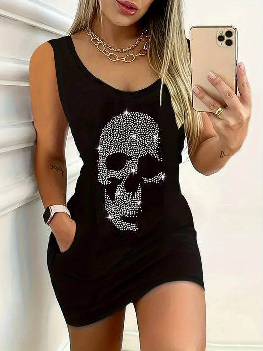 Women's summer loose sleeveless short mini dress with black print