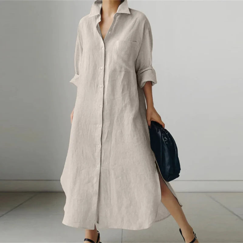 ZANZEA Women Dress Long Sleeve Solid Shirt Sundress Lapel Neck Buttons Vestidos