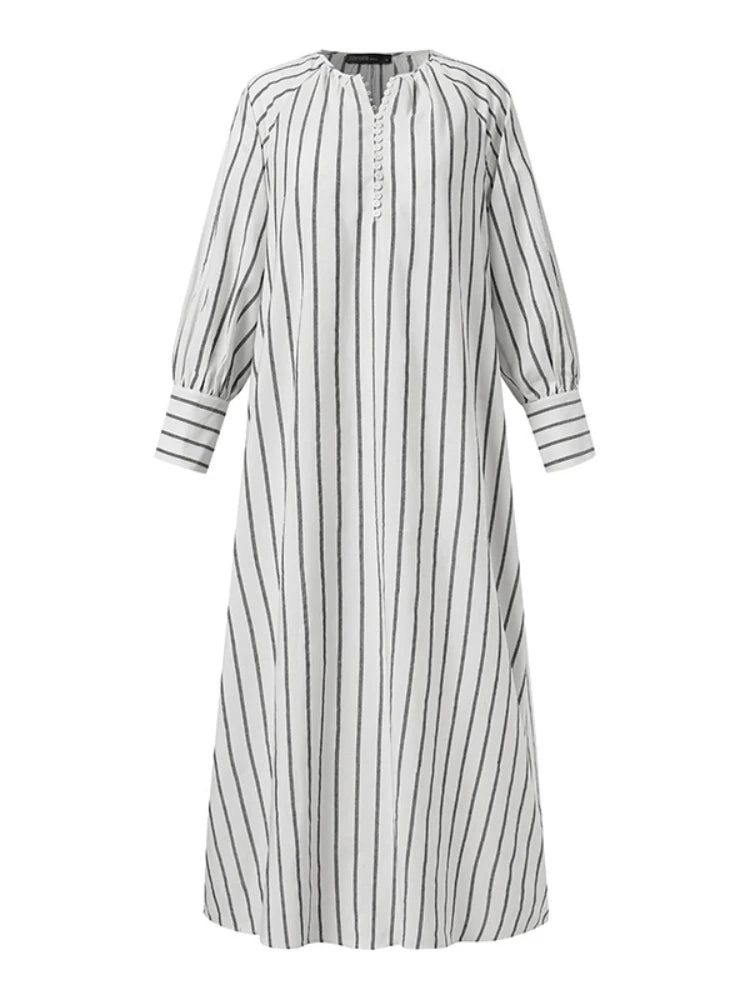 Women's 2024 Cotton Linen Stripe Round Neck Long Sleeve Simple Loose Long Pullover Dress Vintage Elegant Women's Dress Robe