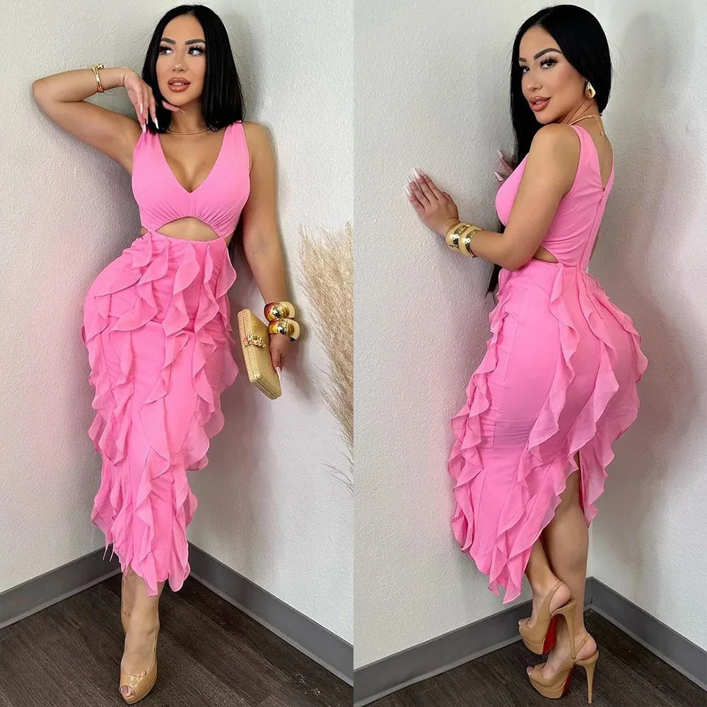 Summer New Sexy Hollow Out Bodycon Long Dress Women Deep V-neck Tassel