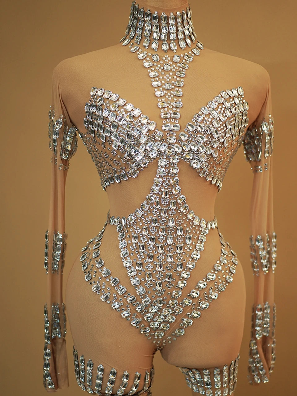 Sparkly Silver Diamonds Jumpsuit Women Sexy Mesh See Through Stretchy Party Birthday Outfit Performance Dance Costume Stage Wear