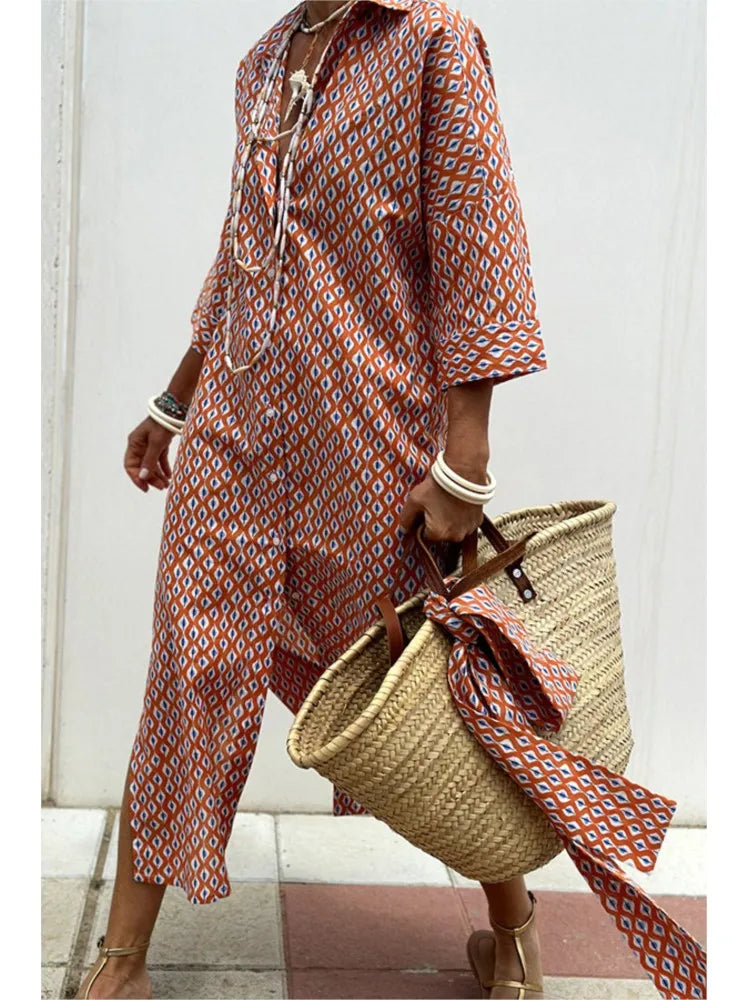 Single Breasted Striped Printed Vestidos Elegant Lace Up Split Long  Abaya Dresses