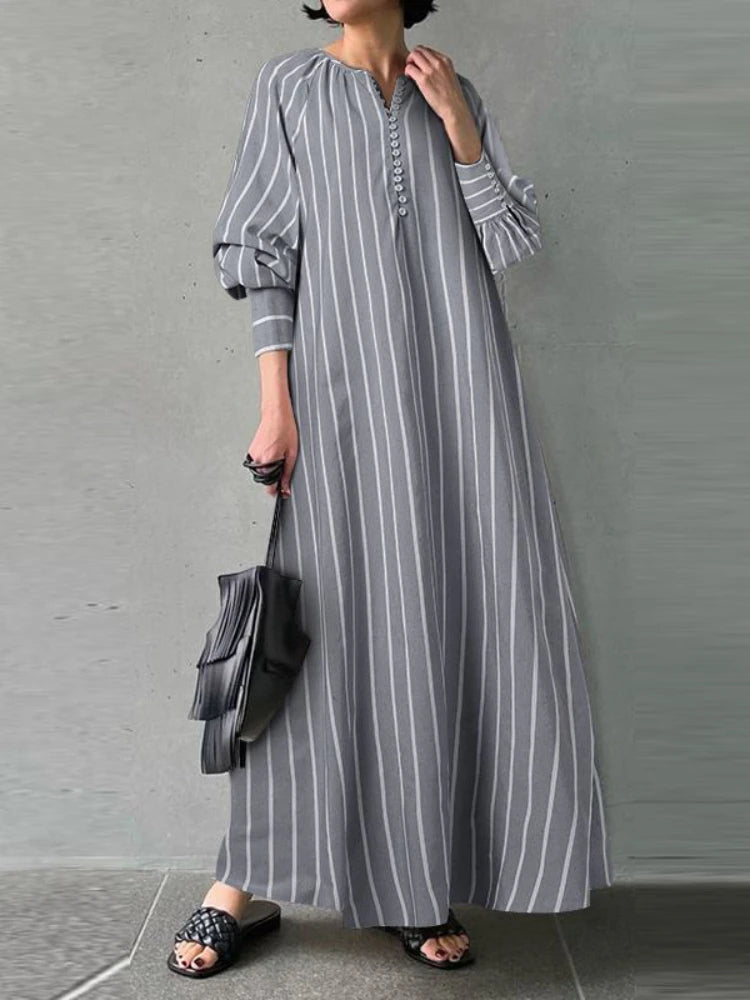 Women's 2024 Cotton Linen Stripe Round Neck Long Sleeve Simple Loose Long Pullover Dress Vintage Elegant Women's Dress Robe
